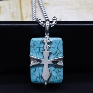 Vintage Alloy Square Blue Stone Cross Pendant Necklace For Unisex Minimalist Fashion Religious Jewelry Long Box Chain Necklace