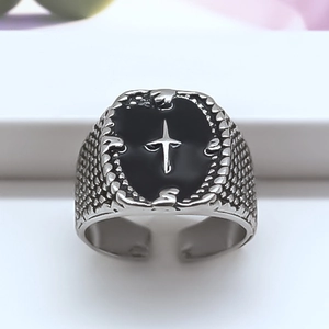 Vintage punk silver adjustable open ring with black enamel four-pointed star and scale texture