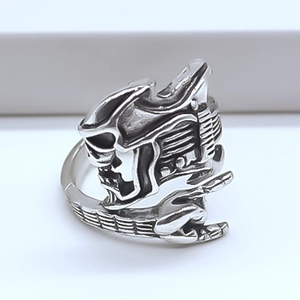 Nahaufnahme des Vintage-Punk-Gitarrenrings mit Skelettstruktur und silberner Oberfläche