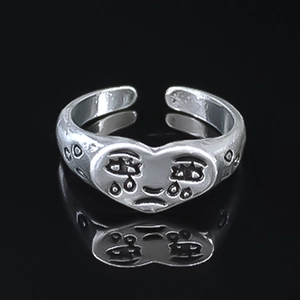 Vintage Silver Color Alloy Crying Face Heart Open Ring For Men Punk Hip Hop Adjustable Sad Expression Finger Ring Jewelry Gift