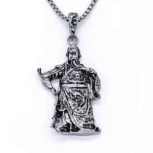 Vintage silver finish Guan Yu warrior pendant with box chain on a white background