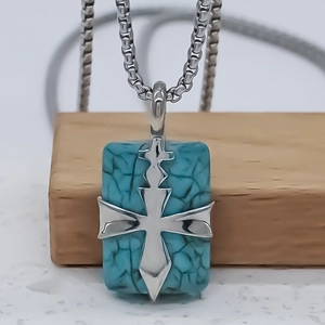 Retro square turquoise stone pendant necklace with silver cross on box chain link