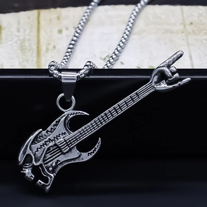 Retro Punk Rock Gitarre Totenkopf Anhänger Halskette Für Herren Damen Hip Hop Galvanisierte Legierung Rock Geste Schmuck