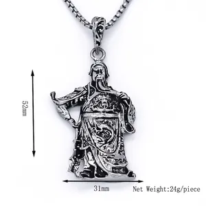 General Guan Yu warrior pendant necklace in vintage blackened steel with 52x31mm dimensions