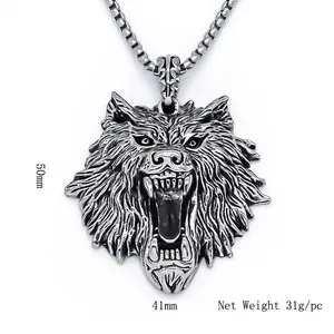 Collier pendentif tête de loup style punk, dimensions 50x41mm et poids 31g