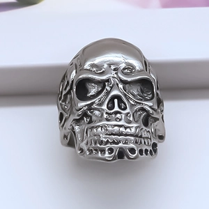 Retro skull soldier metal ring with vintage silver finish for men in a frontal view