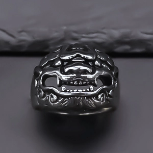 Detailed view of vintage black lion head ring with intricate alloy textures and dark finish