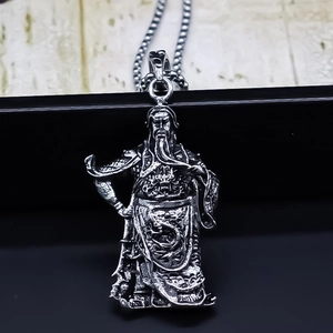 Chinese Style Guan Gong Pendant Necklace Men Antique Silver Alloy Electroplated General Figure Sweater Chain Jewelry