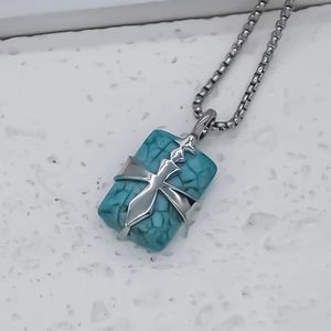 Retro square blue turquoise pendant necklace with silver cross and sword details