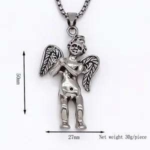 Retro angel cupid pendant necklace in polished steel with 50mm height and box chain