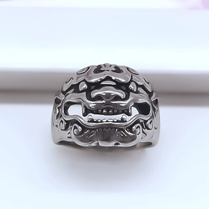 Close-up of vintage lion head ring featuring detailed relief and matte metallic finish