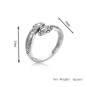 Vintage punk double snake head ring with adjustable open band and scale texture