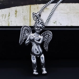Vintage Alloy Silver Angel Cupid Pendant Necklace For Men Women Retro Box Chain Wings Design Fashion Jewelry Accessory