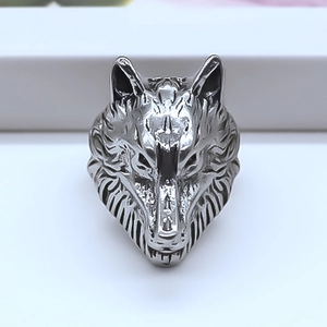 Macro view of vintage silver wolf head ring showing detailed metallic fur textures