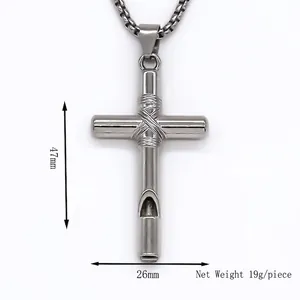 Stainless steel cross whistle necklace with 47mm pendant and curb chain for unisex style