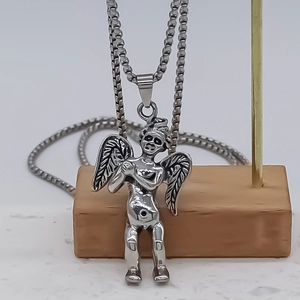 Silver angel cupid pendant necklace with detailed wings on a stainless steel chain
