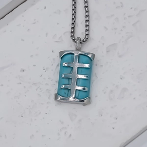 Minimalist silver square necklace with blue turquoise pendant and geometric box chain
