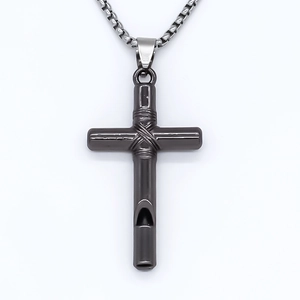 Black stainless steel cross whistle pendant necklace with silver box chain for men and women