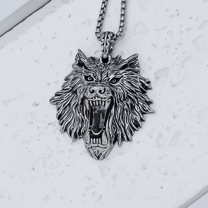 Pendentif tête de loup en acier inoxydable argenté pour homme au style punk gothique