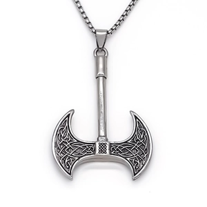 Vintage silver double-headed axe pendant necklace with intricate Celtic knot patterns
