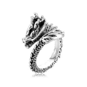 Vintage silver dragon ring with intricate scale carving and adjustable open wrap design
