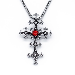 Gothic stainless steel square bead necklace with red gemstone cross pendant for unisex