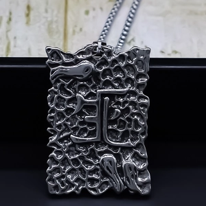 Gothic Alloy Rectangle Pendant Necklace Death Kanji Character Ghost Pattern Retro Punk Style Accessory For Men Women