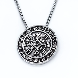 Vintage stainless steel Bagua necklace with Yin Yang and zodiac symbols on box chain