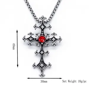 Gothic stainless steel cross necklace with red gemstone and heavy square bead chain
