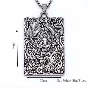 Retro mythical beast totem pendant necklace with square tag and box chain for hip hop style