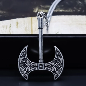 Viking Double Axe Pendant Necklace For Men Retro Alloy Celtic Knot Punk Warrior Style Silver Color Fashion Jewelry Gift