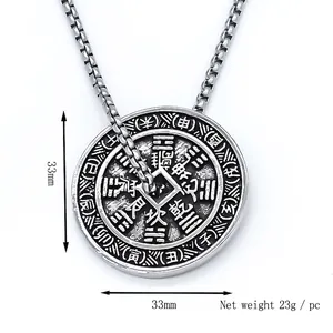 Retro stainless steel Bagua disc pendant necklace with traditional zodiac engraving