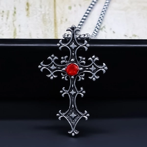Gothic Vintage Cross Pendant Necklace For Men Women Stainless Steel Box Chain Red Rhinestone Inlaid Alloy Jewelry Gift