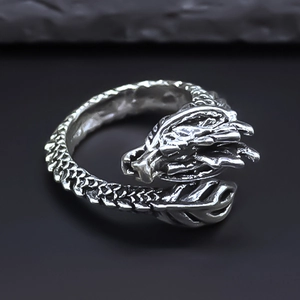 Retro silver dragon-shaped open ring with detailed scale carvings in gothic style