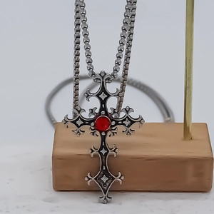 Gothic stainless steel box chain necklace with cross pendant and red gemstone inlay