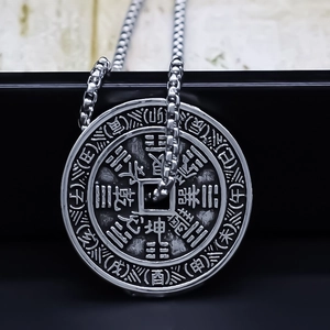 Vintage Chinese Style Ba Gua Twelve Earthly Branches Alloy Pendant Necklace For Men Women Retro Round Coin Medallion Ethnic Jewelry