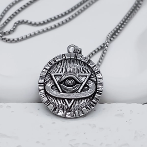 Vintage silver Horus Eye geometric pendant necklace with square box chain for men and women