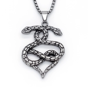 Gothic double snake heart pendant necklace in vintage silver for street hip hop style