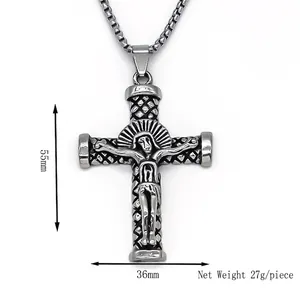 Collier avec pendentif croix vintage en acier inoxydable avec relief de Jésus