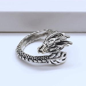 Retro silver dragon open ring with detailed scales and vintage finish for street style