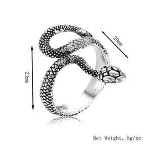 Retro silver snake ring with textured scales and realistic head design for men