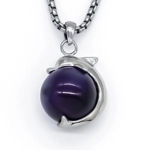 Chic silver dolphin pendant necklace with a deep purple bead on a box chain for women