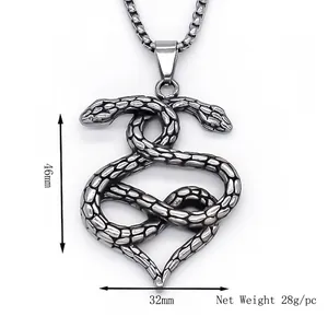 Retro silver double snake heart pendant necklace on square box chain with dimensions
