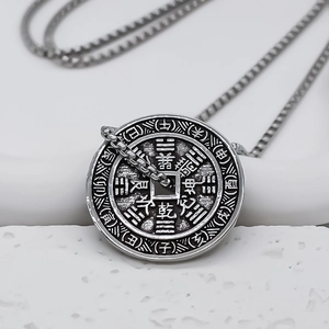 Vintage stainless steel Bagua compass pendant necklace with traditional box chain