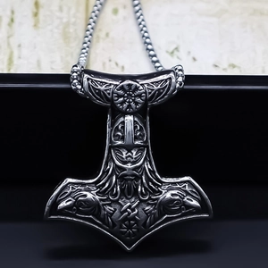 Collana con Pendente Martello di Thor Mjölnir Vichingo Vintage in Lega Argentata Gioielli con Rune Nordiche per Uomo Donna