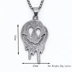 Punk style melting smiley face pendant necklace in vintage silver finish with pearl chain