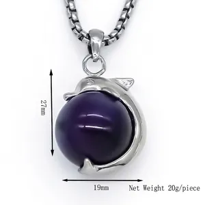 Silver dolphin pendant necklace with purple bead, size 27mm by 19mm, weighing 20g