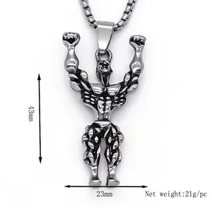 Collier pendentif bodybuilder pour homme en alliage argenté de 43mm avec chaîne
