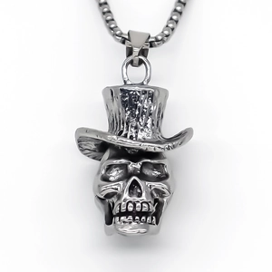 Gothic skull pendant necklace in vintage silver finish with stainless steel box chain