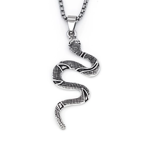 Punk style snake pendant necklace with detailed scales and silver box chain for men
